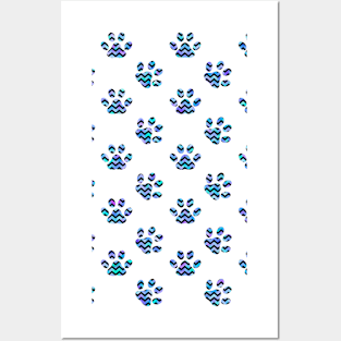 Blue and Black Chevron Paw Prints Posters and Art